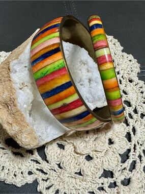 Two Colorful Striped Multi-Color Resin Bangle Bracelet